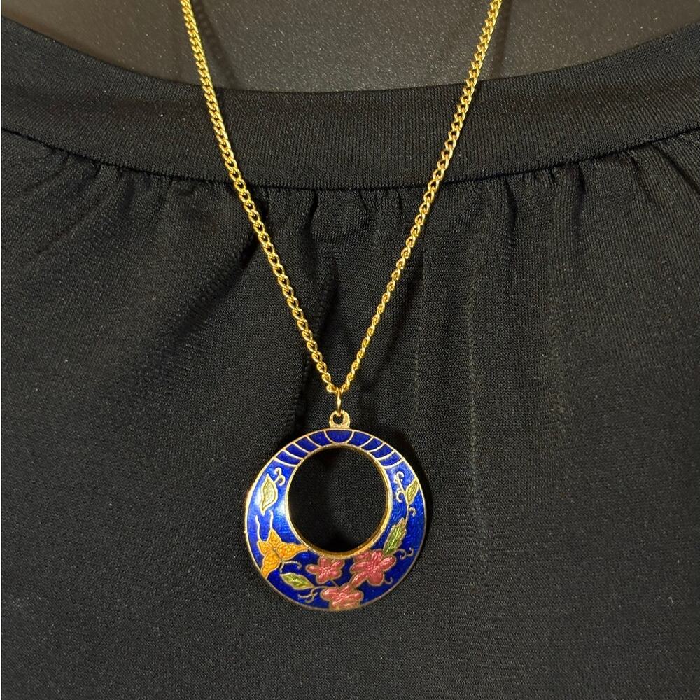 Gold Tone Floral Butterfly Pendant Necklace Enamel Vintage Retro 80s 24"